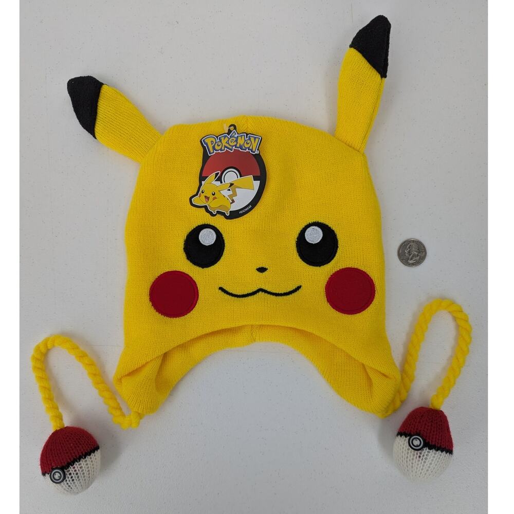 NWT New Pokemon PIKACHU Knitted BIOWORLD Beanie Hat with Pokeball Tassels